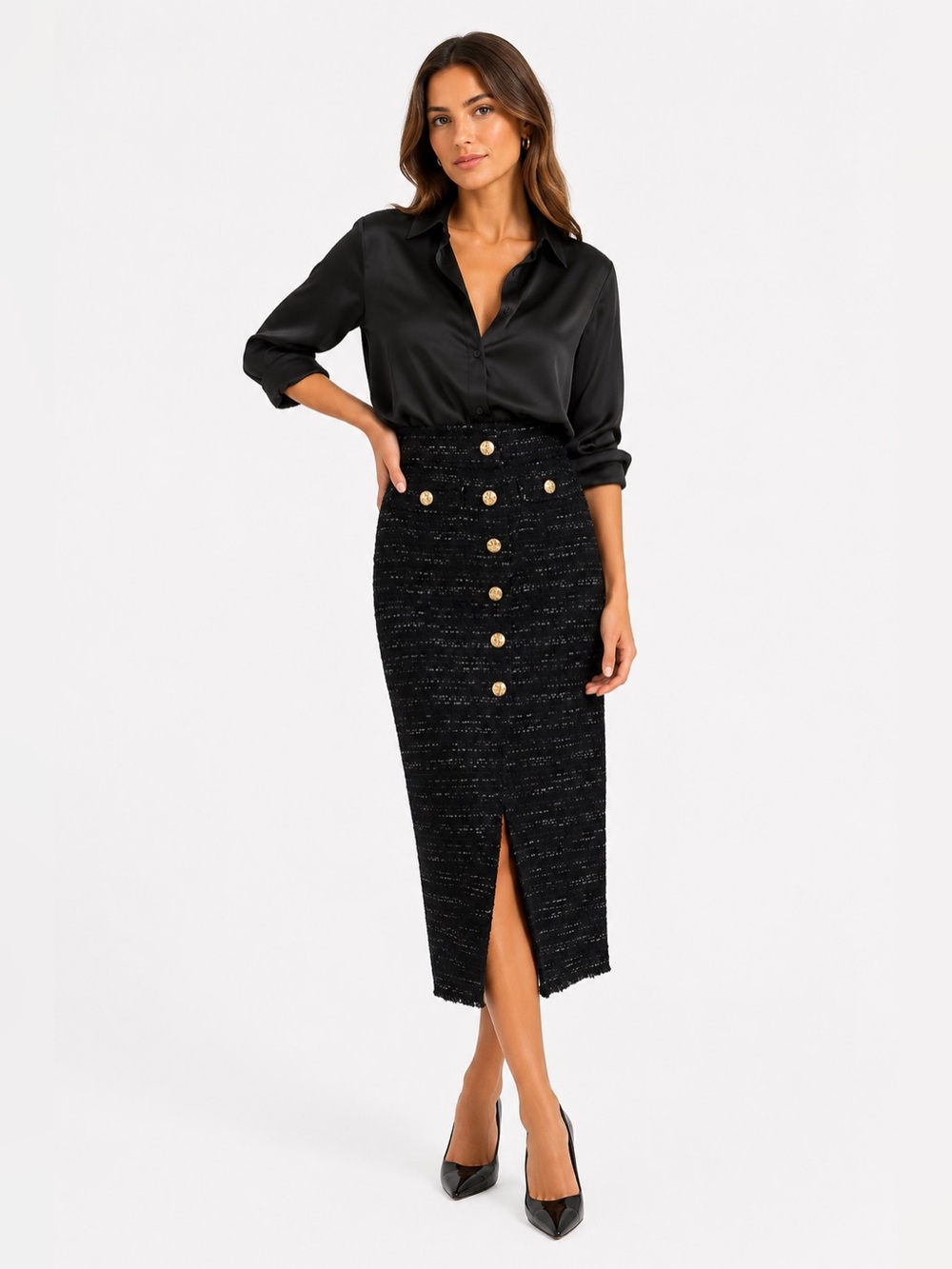 Zara Tweed Black Pencil Skirt with Gold Buttons